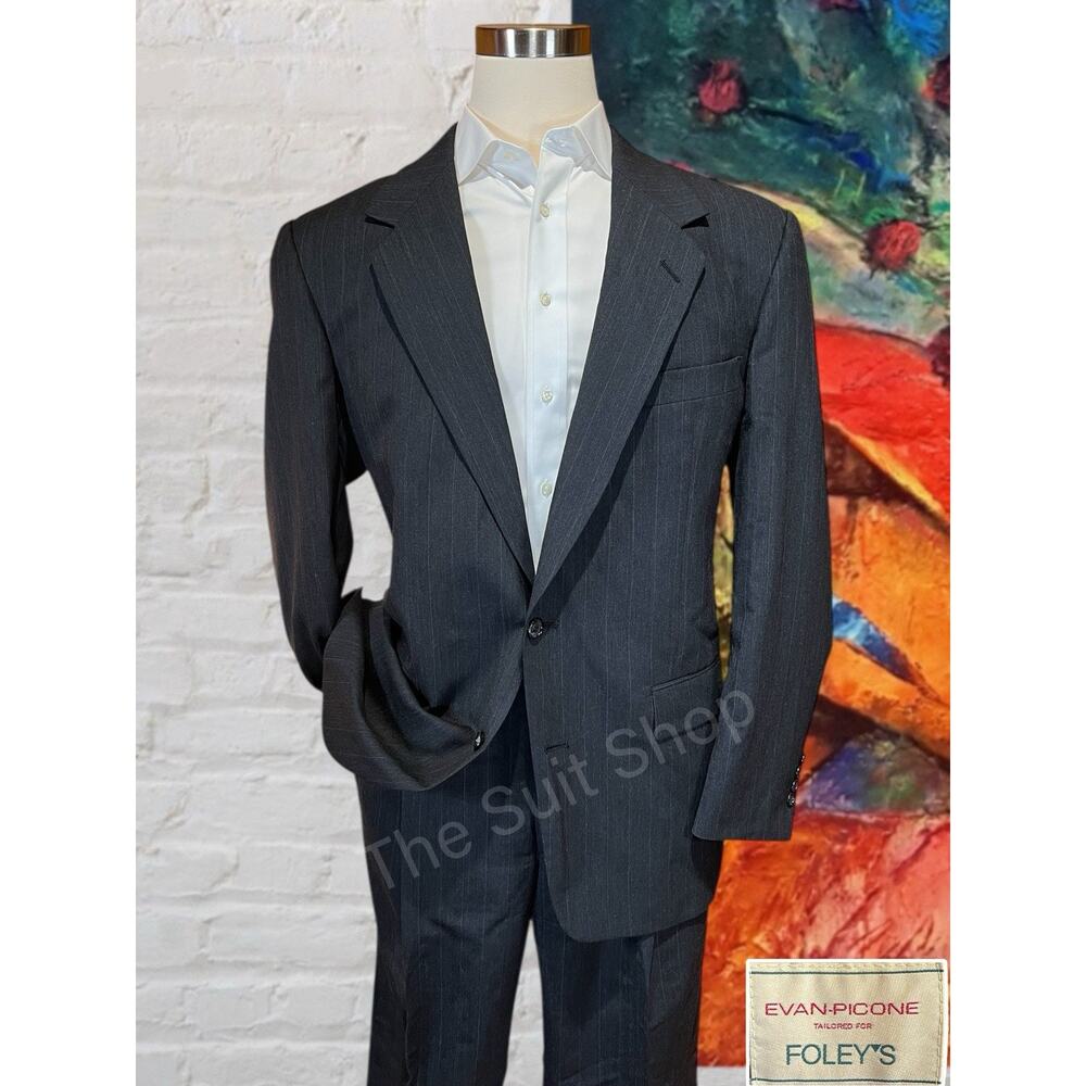Vintage Evan Picone Mens 46L 42x32 Gray Banker's Stripe Suit Virgin Wool